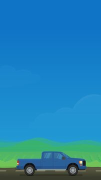 Animated blue pickup truck driving on a country road under the sun representing travel freedom, road trip, and mobility. (loopable)