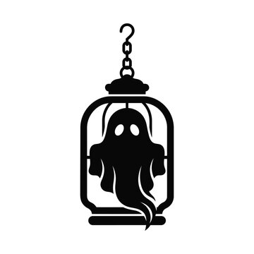 Minimalist black white ghost in cage lantern silhouette for anxiety isolation and trapped soul