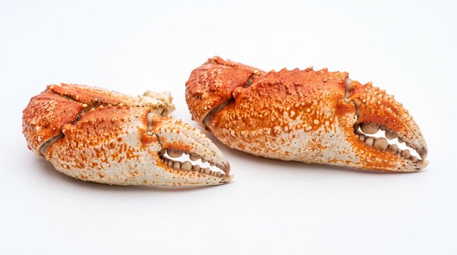 Large cooked crab claws showing vibrant orange texture and sharp pincers isolated on white background