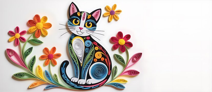 Colorful Cat Wall Decal with Flowers