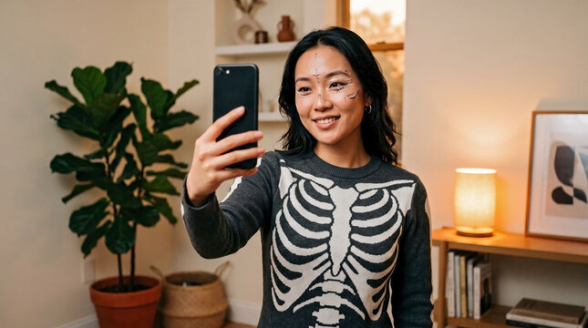 Asian woman smiling posing for a Halloween selfie in a cozy apartment, wearing a skeleton sweater, ideal for spooky season social media content, blogs, and festive marketing.