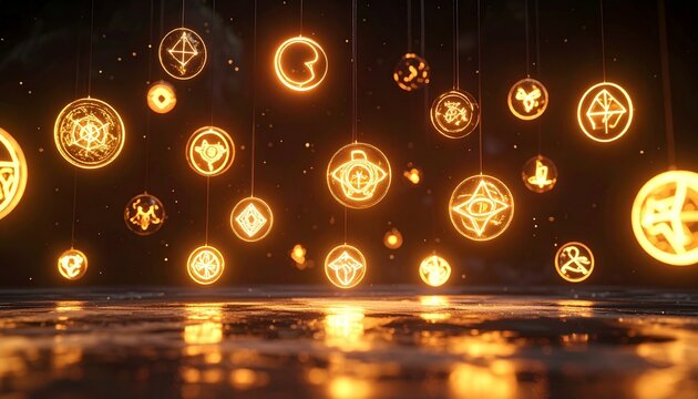 Magical Orbs of Light with Ancient Symbols Floating in Darkness.