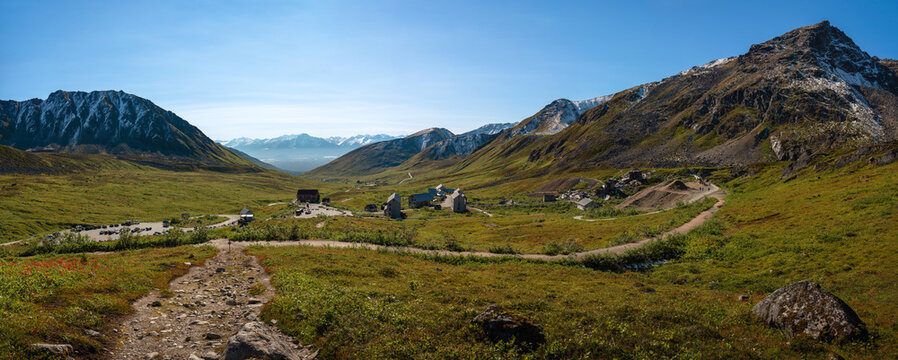 Palmer Alaska panoramic autumn landscape at Independence Mine State Historical Park and Talkeetna Mountains and valley
