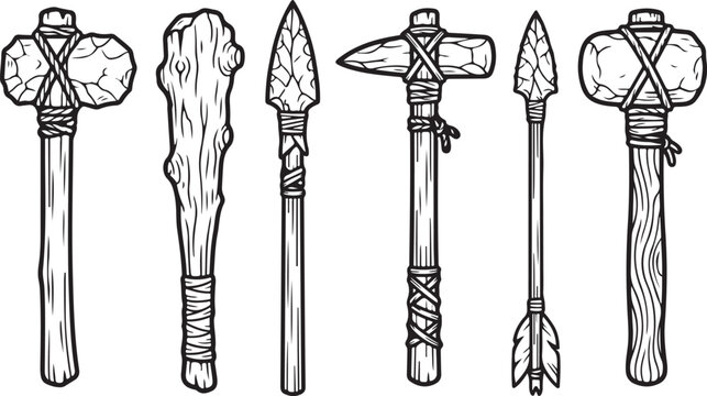 Prehistoric stone age tools and weapons set, primitive caveman axe and spear collection, ancient tribal hunting equipment vector