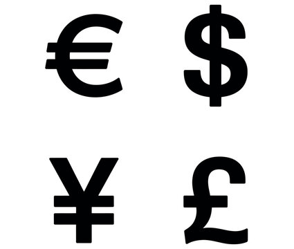 Black silhouette icons of major global currency symbols isolated on a clean white background.