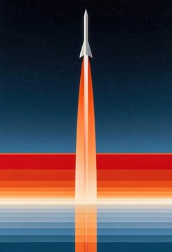 Retro rocket launch ascending vertically into starry sky with bold orange trail and reflection