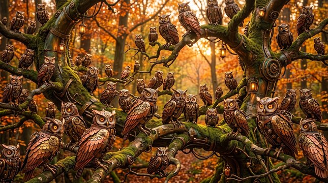 Mechanical Steampunk Owls Perched Autumn Forest Tree Branches