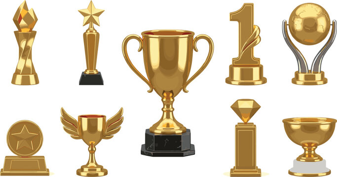 Golden Trophy Cup and Championship Award Collection Featuring Metallic Star Statuettes Number One Plaques Winged Goblets and Flame Torches Vector Illustration