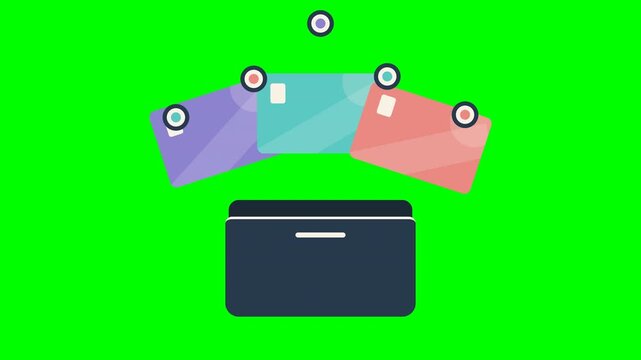 Flat vector digital wallet opening with floating generic payment cards and abstract coins in an organized motion, premium modern UI design, green screen background.