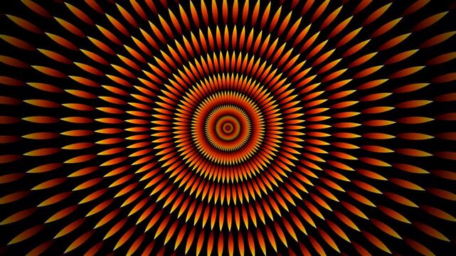 Abstract radial burst motion background, orange and red geometric pattern, hypnotic pulsing tunnel effect for digital visuals and motion