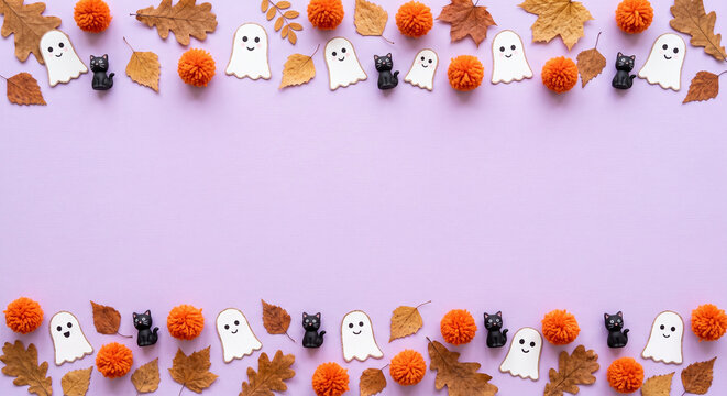 Halloween ghost cookies black cat orange pom poms and autumn leaves border on purple background.