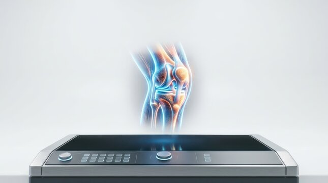 3d knee joint scan with glowing blue energy lines on medical scanner