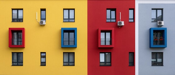 Obraz premium Symmetrical modern apartment building facade with solid blocks of bright yellow red and gray color accented with red and blue window frames showing bold contemporary geometric architectural design