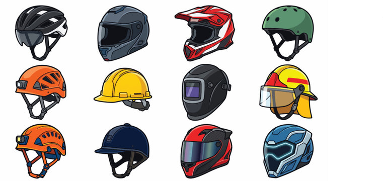 Collection of various helmet styles presented as colorful vector illustrations.
