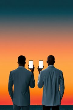 Business partners silhouette holding smartphones against a dramatic sunset over the ocean