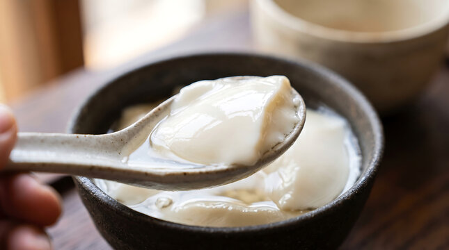 Spoonful of Silky Smooth Tau Huay Tofu Pudding in Sweet Clear Syrup Close Up Food Photography