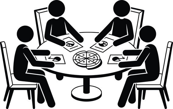 Business lunch meeting icon with stick figures eating pizza during a financial pie chart data presentation