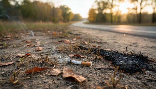 A discarded cigarette butt smolders on dry soil next to a road, leaving a scorched black patch amid fallen leaves, highlighting wildfire risk and environmental pollution hazards.
