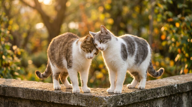 Two domestic cats nuzzling heads in a show of affection on a stone wall during golden hour in a garden
