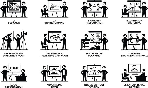 Creative agency workflow icon set featuring design presentation brainstorming strategy sessions and digital marketing stick figures