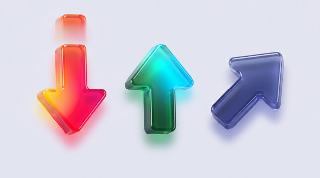 Three translucent glass arrows pointing in different directions on white background.