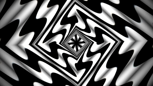 Abstract black and white geometric tunnel motion background, hypnotic rotating square pattern animation for modern visual