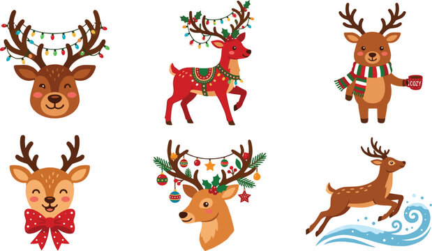 Cute Christmas reindeer cartoon characters vector collection featuring festive holiday deer with string lights scarf and winter elements set