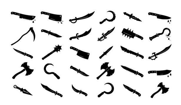 Halloween Horror Knife Cleaver Scythe and Cutlass Black Vector Sticker Set