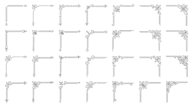 Vintage decorative corner borders, 28 ornamental floral frame elements, elegant black line art flourishes for wedding invitations