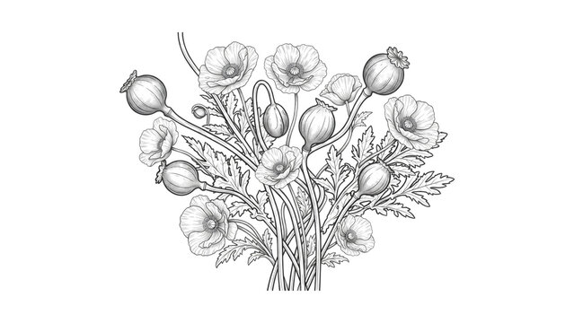 Botanical line art illustration of blooming poppy flowers and seed pods on black background
