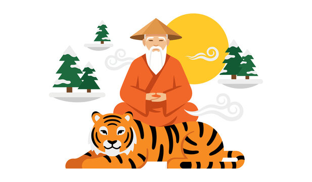 Wise old monk meditating on a tiger in a peaceful zen atmosphere with snowy pine trees and a large sun in the background, flat vector illustration isolated on transparent background