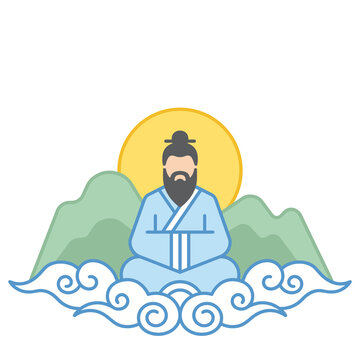 Illustration of a wise old man with a beard meditating in a lotus position on clouds in front of mountains and a sun, traditional asian style vector graphic isolated on transparent background