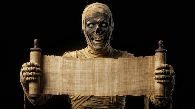 Creepy Egyptian mummy holding a large blank parchment scroll against a dark background, creating a mysterious Halloween concept with generous copy space for seasonal messaging