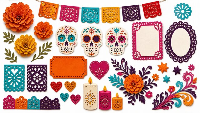 Day of the Dead festive decorations with sugar skulls and marigold flowers on white