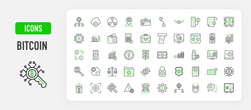 Bitcoin Icons Collection Featuring Cryptocurrency, Blockchain, Mining, Wallet, Trading, Finance, Payment, Security, Digital Currency, Investment, Network, Technology and Monetary Symbols.