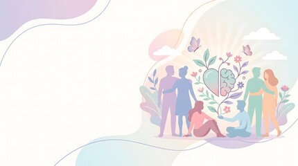 Fototapeta premium World Mental Health Day Awareness Banner with Diverse People, Brain Heart and Pastel Wellness Design