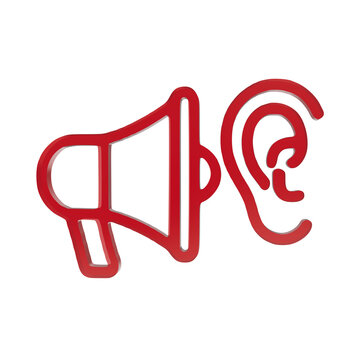 Red 3D Megaphone and Human Ear Graphic Symbolizing Communication and Active Listening Concept
