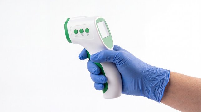 Digital infrared thermometer held by professional hand wearing blue nitrile medical glove on white background
