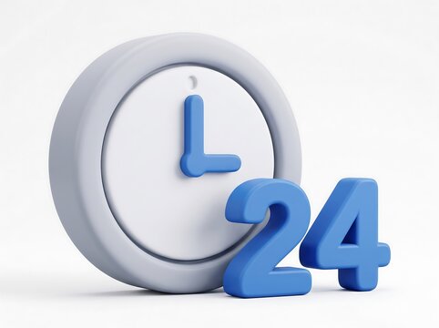 3D wall clock icon paired with the number twenty four representing around the clock service