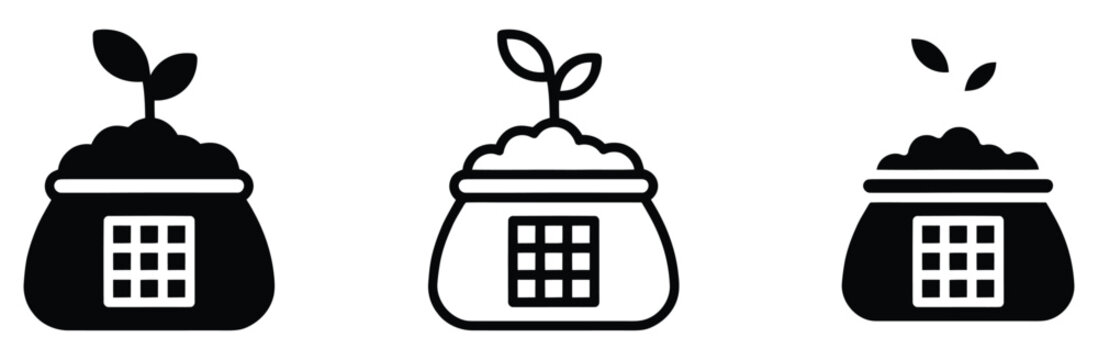 WebFertilizer bag icon vector set. Plant soil pouch symbol, gardening fertilizer sack sign, agriculture sprout growth element, and organic farm compost pack bundle. Eco graphic. Vector illustration.