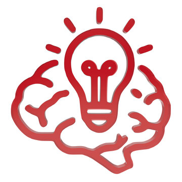Conceptual icon of a 3D rendered light bulb emerging from a stylized brain, symbolizing creativity and innovation