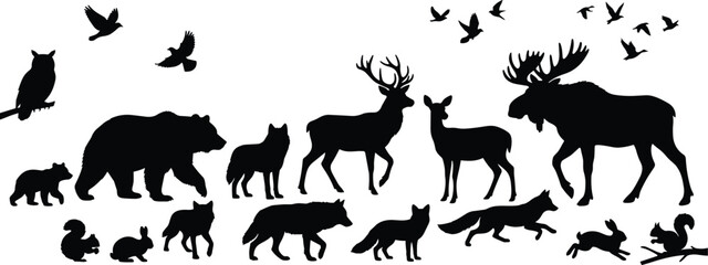 Obraz premium Wild forest animal silhouettes vector set featuring moose bear deer wolf fox owl birds and small woodland creatures collection