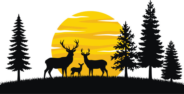 Wild deer family silhouette landscape vector illustration featuring buck doe and fawn in pine forest against big yellow sunset sky
