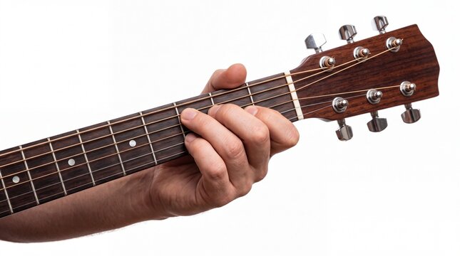 Musician hand playing chords on acoustic guitar neck with wooden texture captured on white background