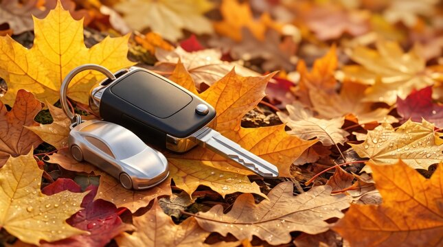 Car keys and silver car key fob lying on colorful autumn leaves outdoors