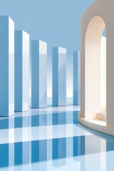 Naklejka premium Calm minimal architectural scene with blue reflective columns and a soft arched doorway