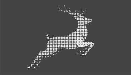 Obraz premium Stunning halftone holiday design of a leaping reindeer composed of white dots on a solid dark grey background.