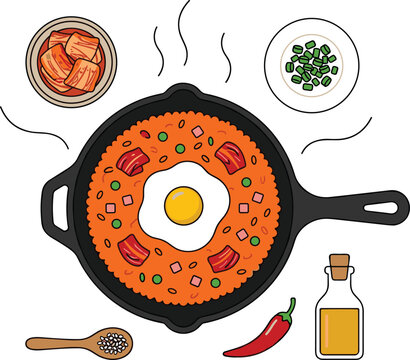 Korean Kimchi Fried Rice in Skillet Vector Illustration with Fried Egg Pork Belly Sesame Oil and Side Dishes
