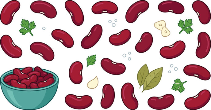 Raw Red Kidney Beans Vector Icon Set with Bowl Parsley Garlic and Bay Leaves Cooking Ingredients