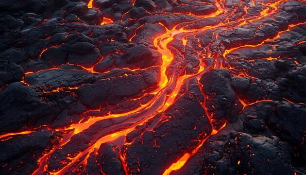 A flowing river of molten lava glows with intense heat against a field of dark, cooling rock.